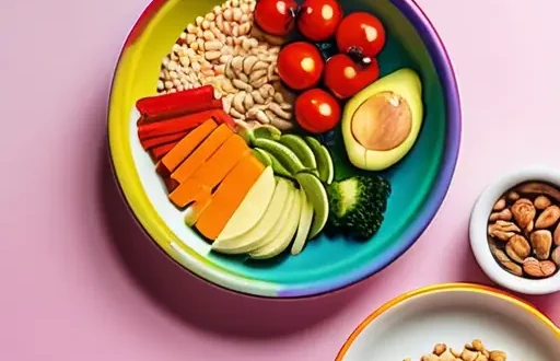 Здоровое питание без сахара: тарелка с овощами, цельнозерновыми продуктами и белком