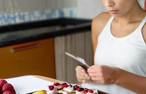 Человек выбирает здоровые перекусы и ведет дневник cravings, рядом список пяти шагов.