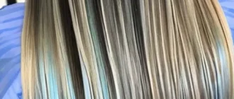 Гладкие волосы после кератинового выпрямления и набор средств ухода